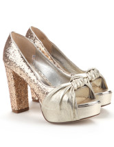 Golden Paillette Rubber Sole Peep Toe Chunky Heel Pumps