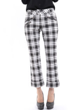 Slim blanc Plaid coton Womens Straight pantalon noir