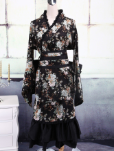 Robe de lolita noire et florale de Lolita en coton de manches longues avec ride pour la servante Ninjia