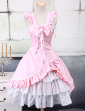 Classic Sleeveless Pink Lace-Up Ruffles Cotton Lolita Dress