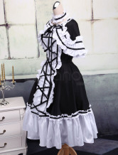Ride de lolita dentelle noire et blanche en coton et Robe gothique de Lolita en coton
