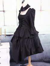 Robe de Lolita de style Punk noire en coton de manches longues  