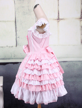 Robe de Lolita rose et blanche sans manches avec bandage de nœud papillon   