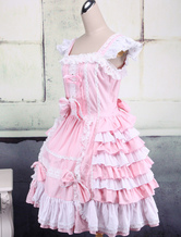 Robe de Lolita rose et blanche sans manches avec bandage de nœud papillon   