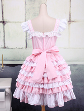 Robe de Lolita rose et blanche sans manches avec bandage de nœud papillon   