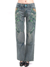 Belle broderie bleu Pattern lâche Womens Jeans