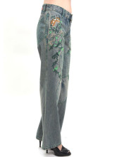 Belle broderie bleu Pattern lâche Womens Jeans