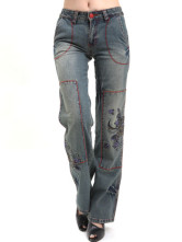 Fashion lâche Pattern broderie bleu Womens Straight Jeans