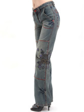 Fashion lâche Pattern broderie bleu Womens Straight Jeans