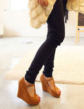 T-Strap Peep Toe Nubuck Womens Wedge Shoes