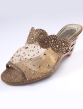 Elegant Camel Mesh Rhinestone 2 2/5'' High Heel Womens Sandals