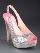 Silver Sexy Sequin Peep Toe Sheepskin Womens Sling-Back Shoes