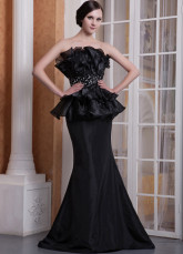 Unique Black Organza Taffeta Strapless Floor Length Prom Dress