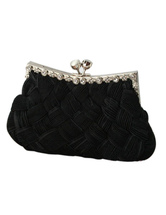 Fabulous Black Rhinestone Snap Closure Creased Bamboo Pattern Satin Prom Clutch
