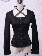 Cotton Black Lace Maniche lunghe Lolita Camicetta Cotone