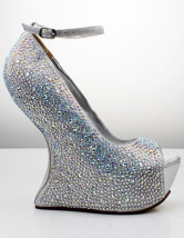 Silver Ankle Strap Peep Toe Rhinestone Womens Wedge Shoes