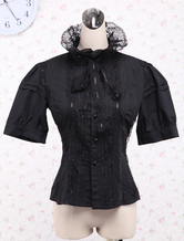 Quality Black Short Sleeves Bow Stand Collar Cotton Lolita Blouse