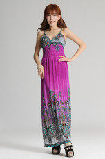Robe Pour Femme Sans Manche Cou V Profond Polyester Coton Fuchsia Bohémienne Splendide 