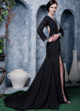 Black Chiffon Beading Long Sleeves V-neck Side Splitting Prom Dress