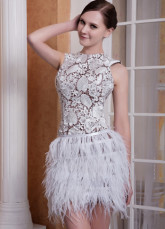 Sexy Brown Satin White Lace Ostrich Feather Sleeveless Short Cocktail Dress