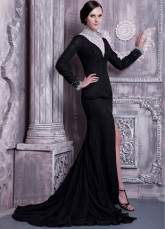 Black Chiffon Long Sleeves Front Splitting Prom Dress