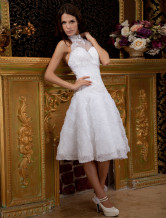 Glamorous White Halter A-line Lace Knee-length Wedding Dress