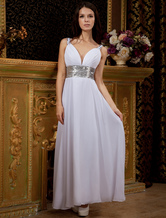 Robe de bal blanche de V-col foncé en satin et mousseline de soie 