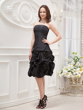 A-line Strapless Knee-Length Black Satin Taffeta Ruched Prom Dress 