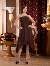 A-line Strapless Asymmetrical Chocolate Peplum Draped Prom Dress 