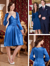 Glamorous Royalblue Deep V-Neck Satin Chiffon Kate Middleton's Engagement Dress