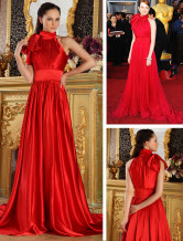 Red Elastic Silk Like Satin Round Neck A-line Emma Stone Oscar Dress
