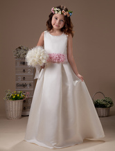 Princess White Sleeveless Flower Sash Satin Flower Girl Dress