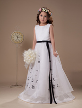 A-line Jewel Neck Floor-Length White Satin Embroided Dress For Flower Girl 