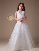 A-line Halter Floor-Length Silver Satin Flower Girl Dress 