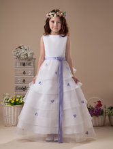 Ball Gown Jewel Neck Floor-Length White Organza Satin Sash Tiered Flower Girl Dress 