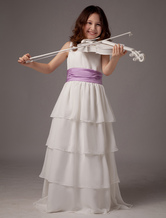 A-line Jewel Neck Multi-Layers Floor-Length White Satin Flower Girl Dress 