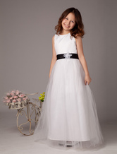 Ball Gown Jewel Neck Ankle-Length White Satin Sash Flower Girl Dress 