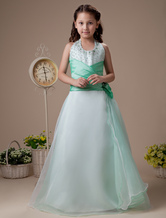 Abito da ragazza di fiore verde chiaro satin collo rotondo A-linea a terra 