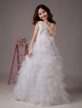 A-line Jewel Neck Floor-Length White Tulle Flower Girl Dress 