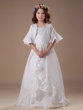 White A-line Square Taffeta Floor Length Flower Girl Dress