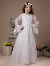 White Embroidery Long Sleeves Satin Flower Girl Dress