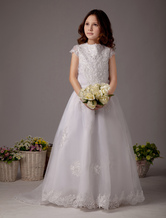 Ball Gown High Collar Floor-Length White Satin Dress For Flower Girl 