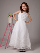 Beautiful A-line Jewel Neck Ankle-Length White Satin Dress For Flower Girl 