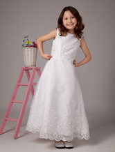 White Sleeveless Embroidery Lace Sequin Beading Satin Flower Girl Dress