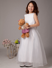 Ball Gown Jewel Neck Ankle-Length White Organza Satin Sash Flower Girl Dress 