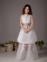 Charming White Sleeveless Sash Satin Flower Girl Dress