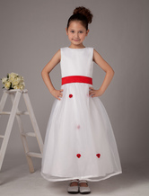 A-line Jewel Neck Ankle-Length White Organza Satin Flower Flower Girl Dress 