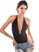 Black Halter Plunging Neckline Drape Front Acrylic Spandex Club Top
