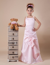 Pink Spaghetti Ruched Satin Flower Girl Dress