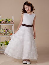 A-line Jewel Neck Tea-Length White Taffeta Organza Flower Girl Dress 